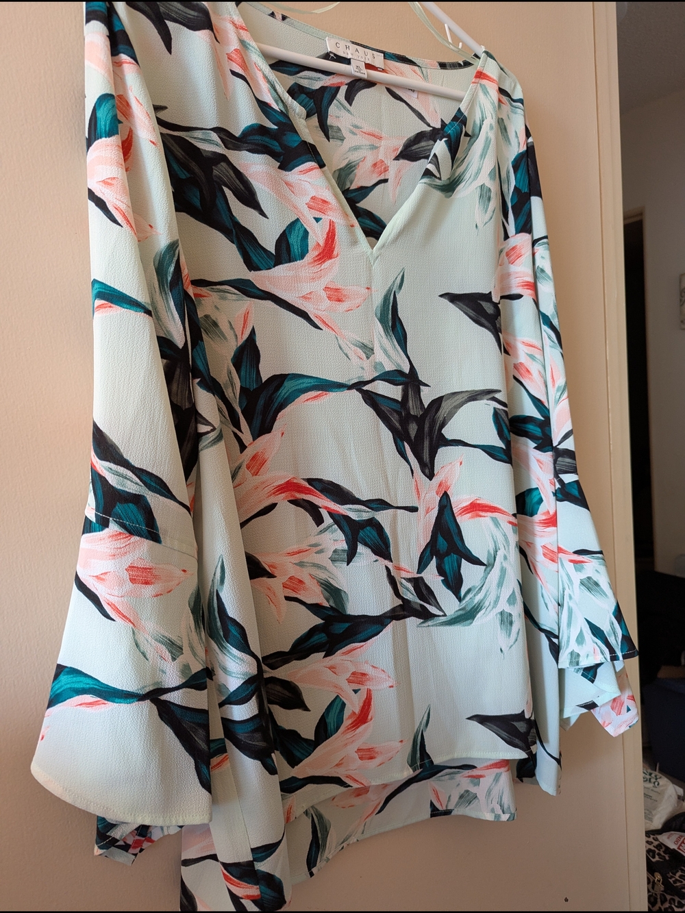 Chaus Mint Blouse with Teal and Black Botanical Print